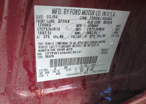 2004 Ford F-150 Fx4/Lariat/Xlt from USA, damaged, VIN 1FTPW14564KC56131